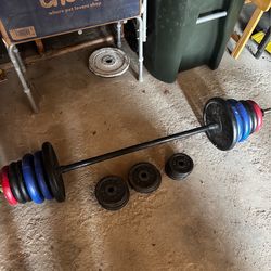 Weider Barbell  Cast Iron Weight Plates and Olympic Bar and plastic Weights