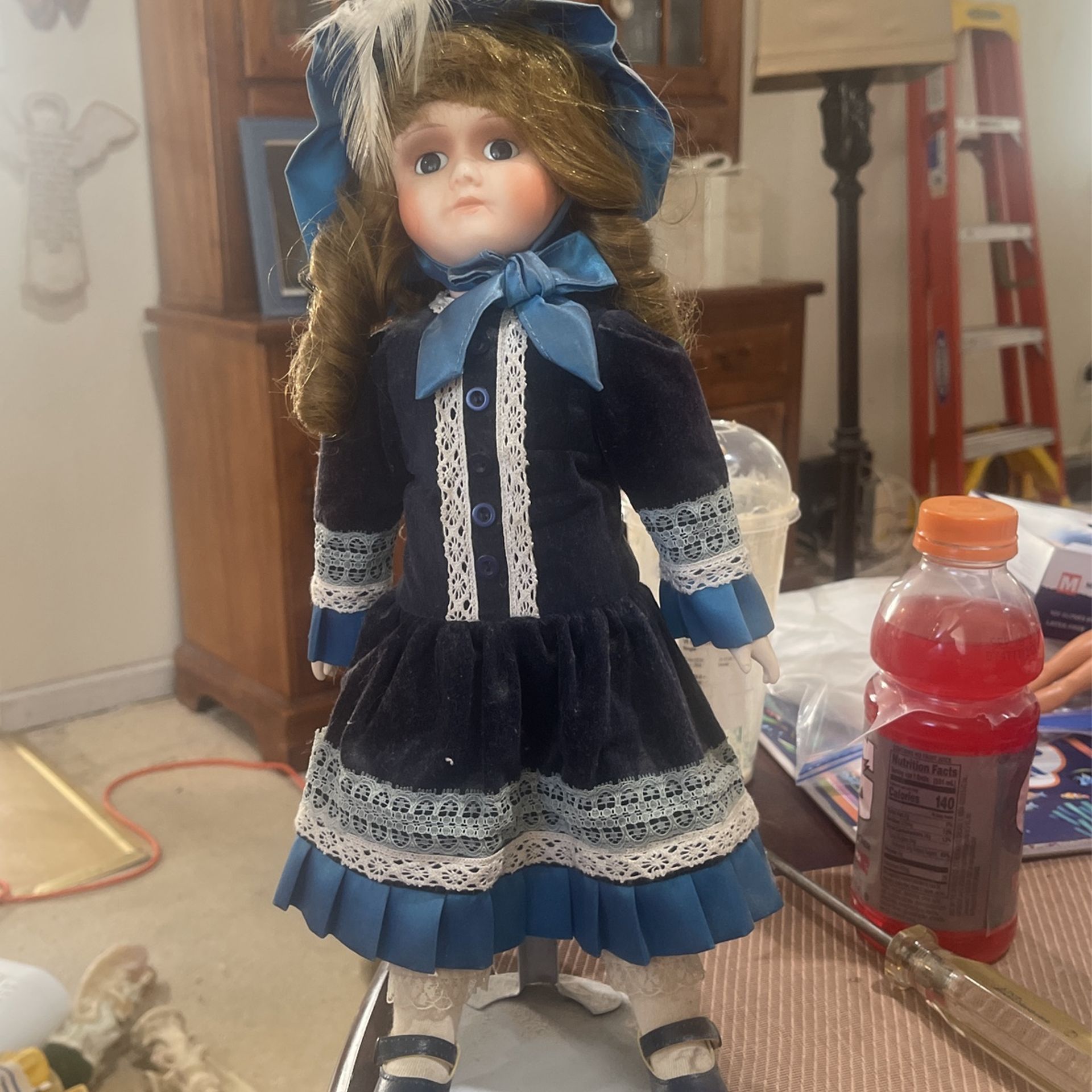 Heritage Collectible 16” Porcelain Doll W/Blue Velvet Dress Hat  Outfit