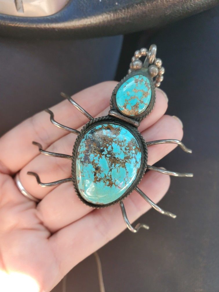 Vintage Sterling Silver Large Turquoise Spider Signed Necklace.