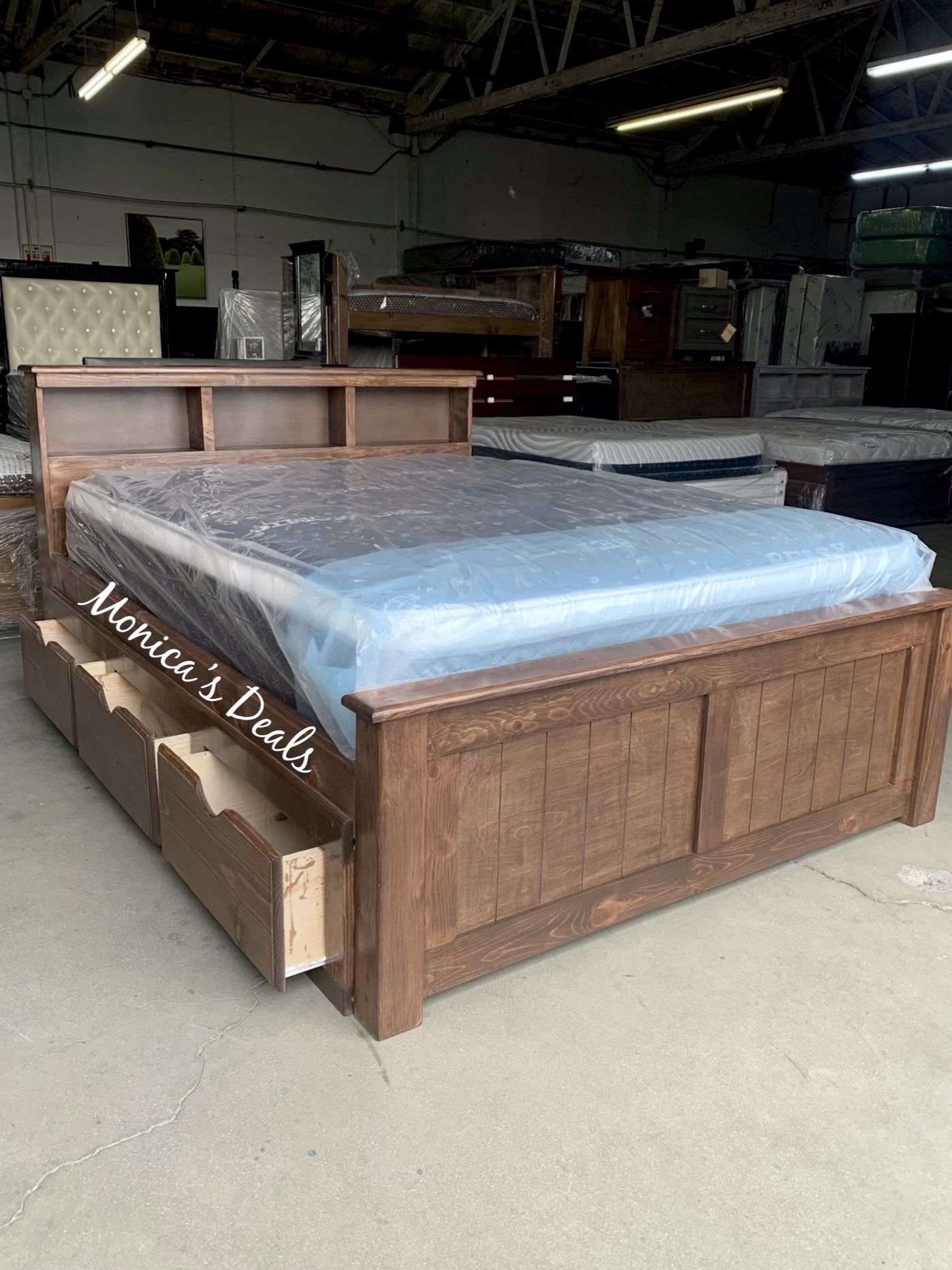 Queen Solid Wood Bed With 3 Drawers And Pillow Top Mattress $740