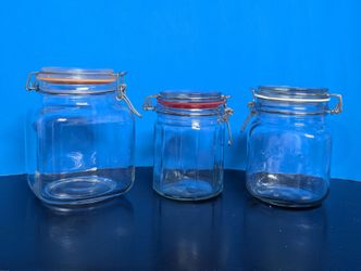 Lot of 3 Clear Glass Storage Jars from Kilner and Italian Borgonovo Glass - 1.7 L, 1 L, and 0.7 L