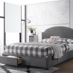 Brand New Grey Fabric Platform Bed with Front Storage