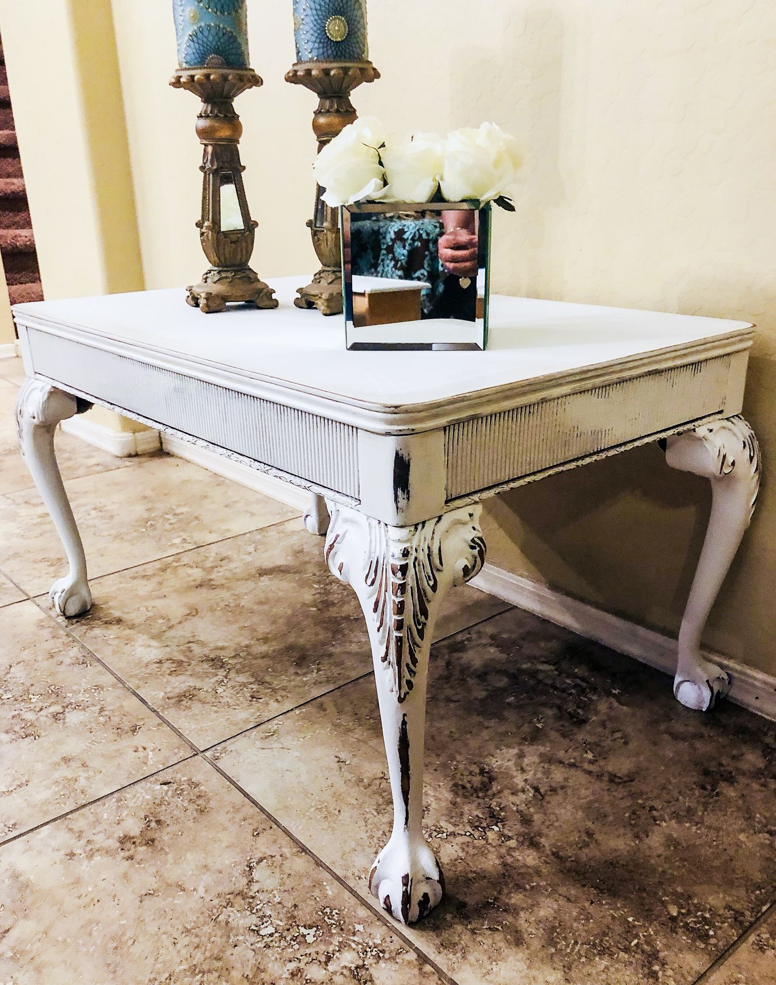 Gorgeous 1940’s Vintage Clawfoot Coffee Table, Bluemoon Brand, Solid Wood! White Rustic Shabby Finish!