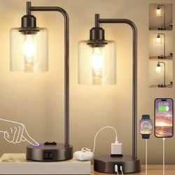 Industrial Touch Table  Desk Lamps Set of 2 with USB C+A Ports and Outlet, Brown Bedside Lamps with Clear Glass Shade 