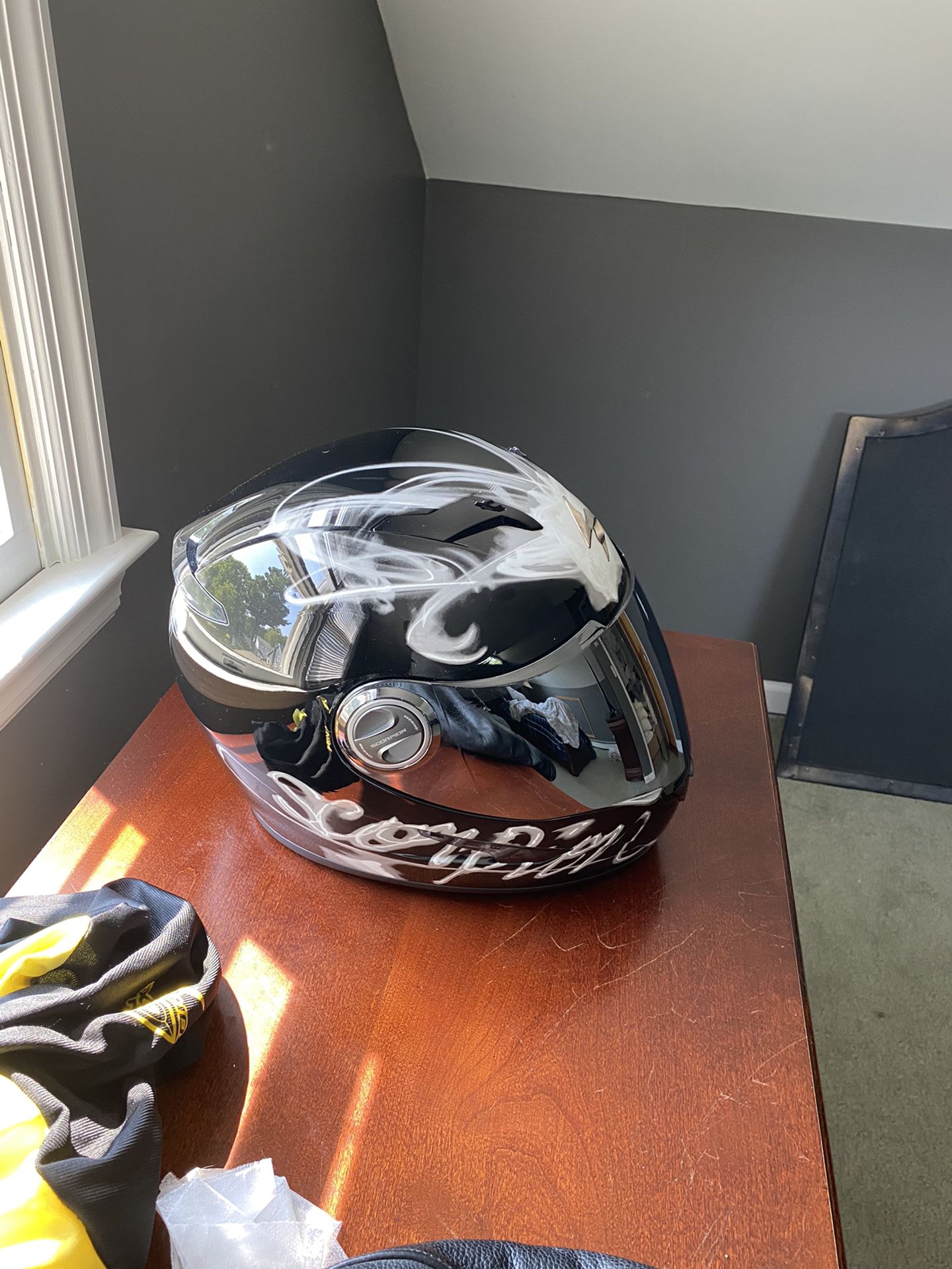 Scorpion Motorcycle Helmet, Gloves, And Jacket