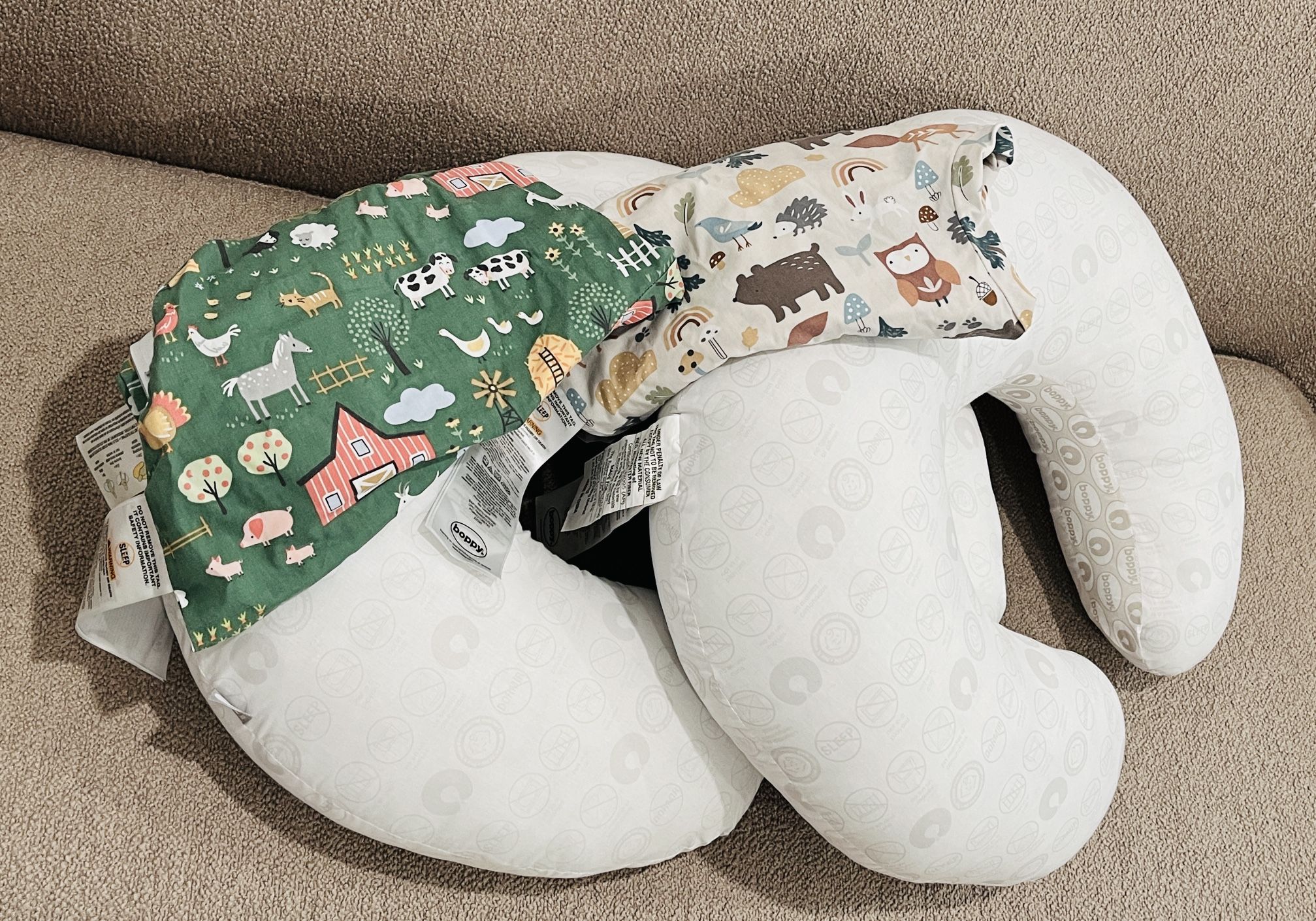 NEW Boppy Original Nursing Pillows - Set of 2 - Spice Woodland & Green Farm Covers