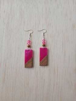 Dangle Wood Resin and Glass Bead Earring Set