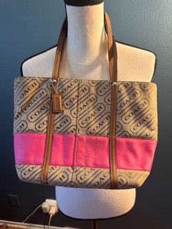 Coach Monogram Canvas Tote with Pink Stripe and Tan Leather