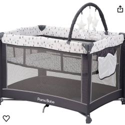 Pamo Babe Portable Playard,Sturdy Play Yard with Padded Mat and Toy bar with Soft Toys (Grey