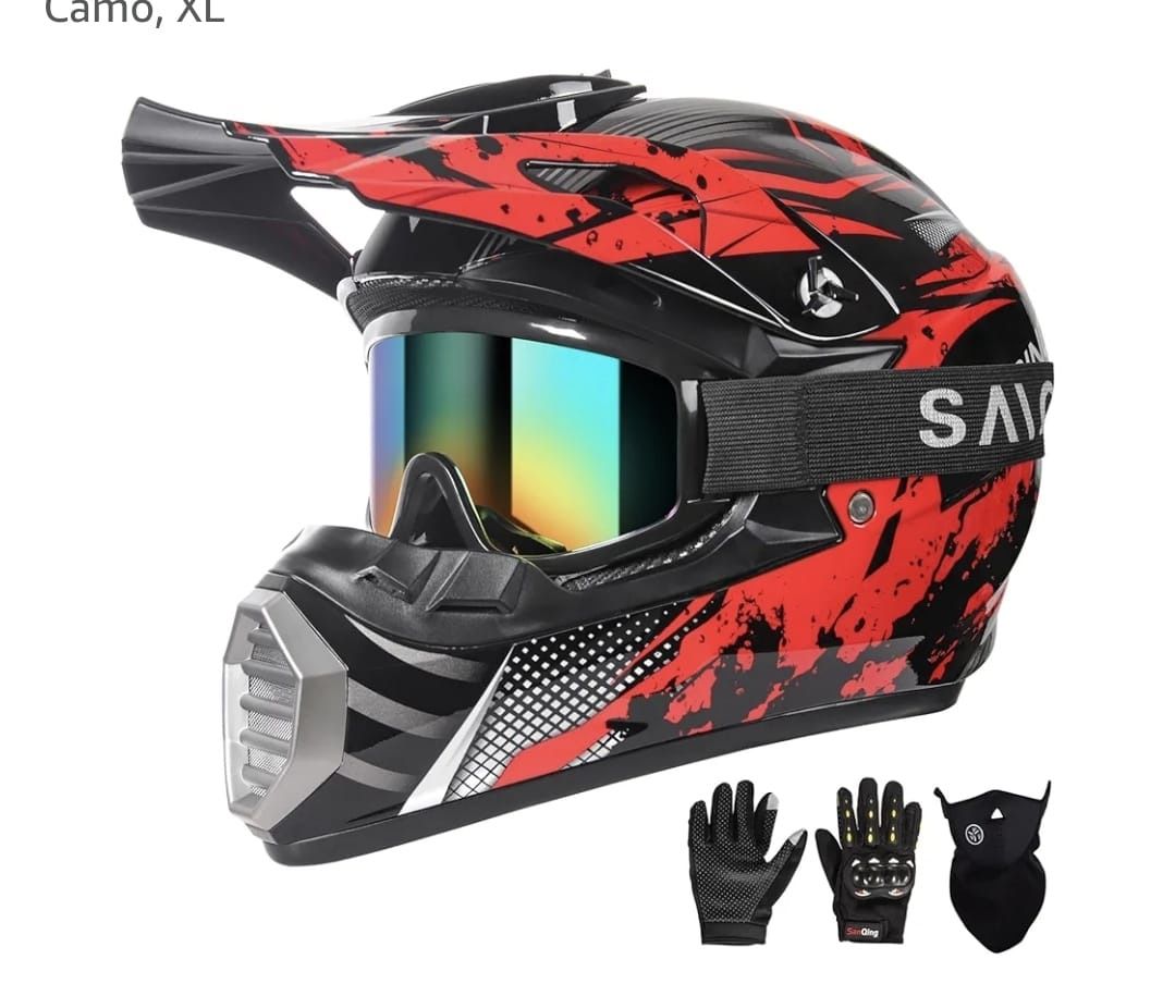 Youth Kids Motocross Helmet, Adult ATV Dirt Bike Helmet, Off-Road BMX 4-Wheeler Full Face Motorcycle Helmet W/Goggles Gloves & Mask, DOT Approved, Red