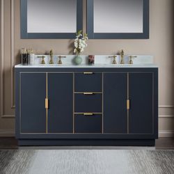 VENICE-6021D-GREY-BG+TOP Venice 60"x21"x33" Solid Wood Bath Vanities Side Cabinet in Grey with Brushed Gold, Trim and Engineered Stone Composite Vanit