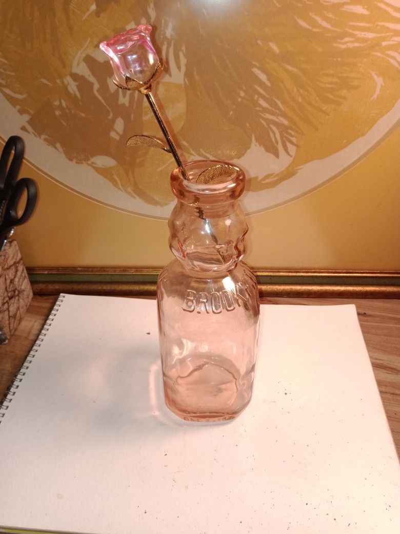 Vintage Pink Milk Bottle With Crystal Rose