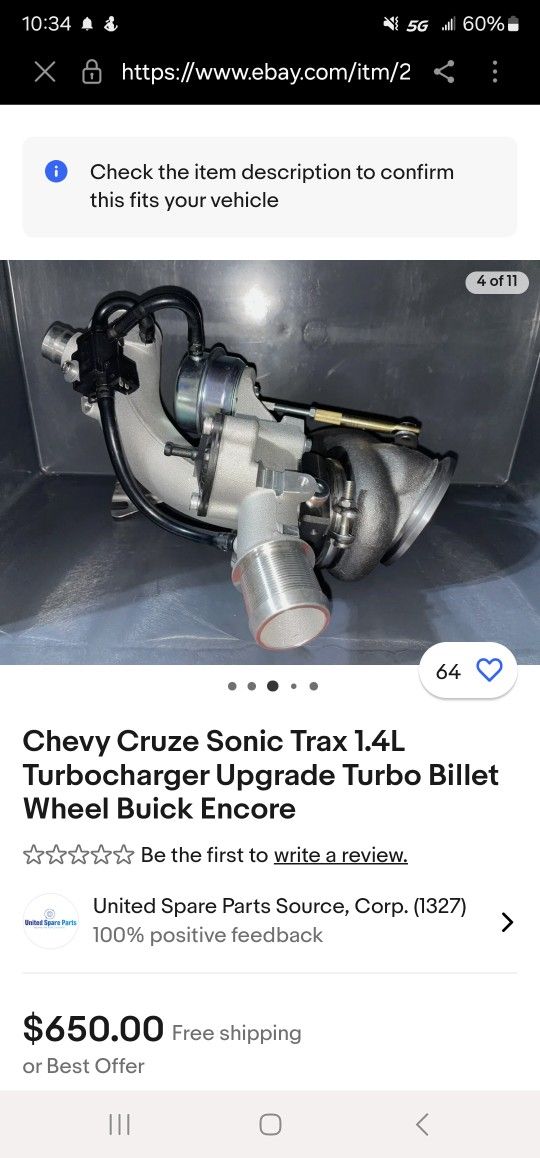 Chevy Cruze Sonic Trax 1.4L Turbocharger 