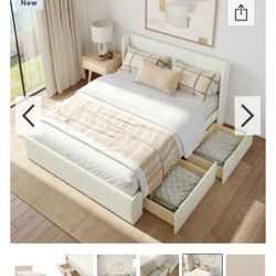 New Unopened Upholstered fabric bed with storage drawers Queen Cream