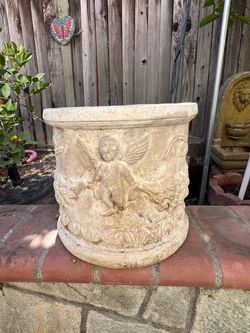 Vintage Cherub Relief Concrete Planter 11”x 12”