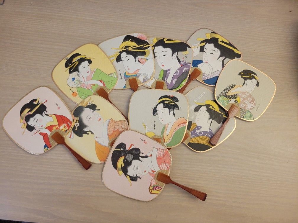 10 Japanese Uchiwa Mini Hand Fan Geisha Bijin-ga Post Cards Japan Asian Fans Lot