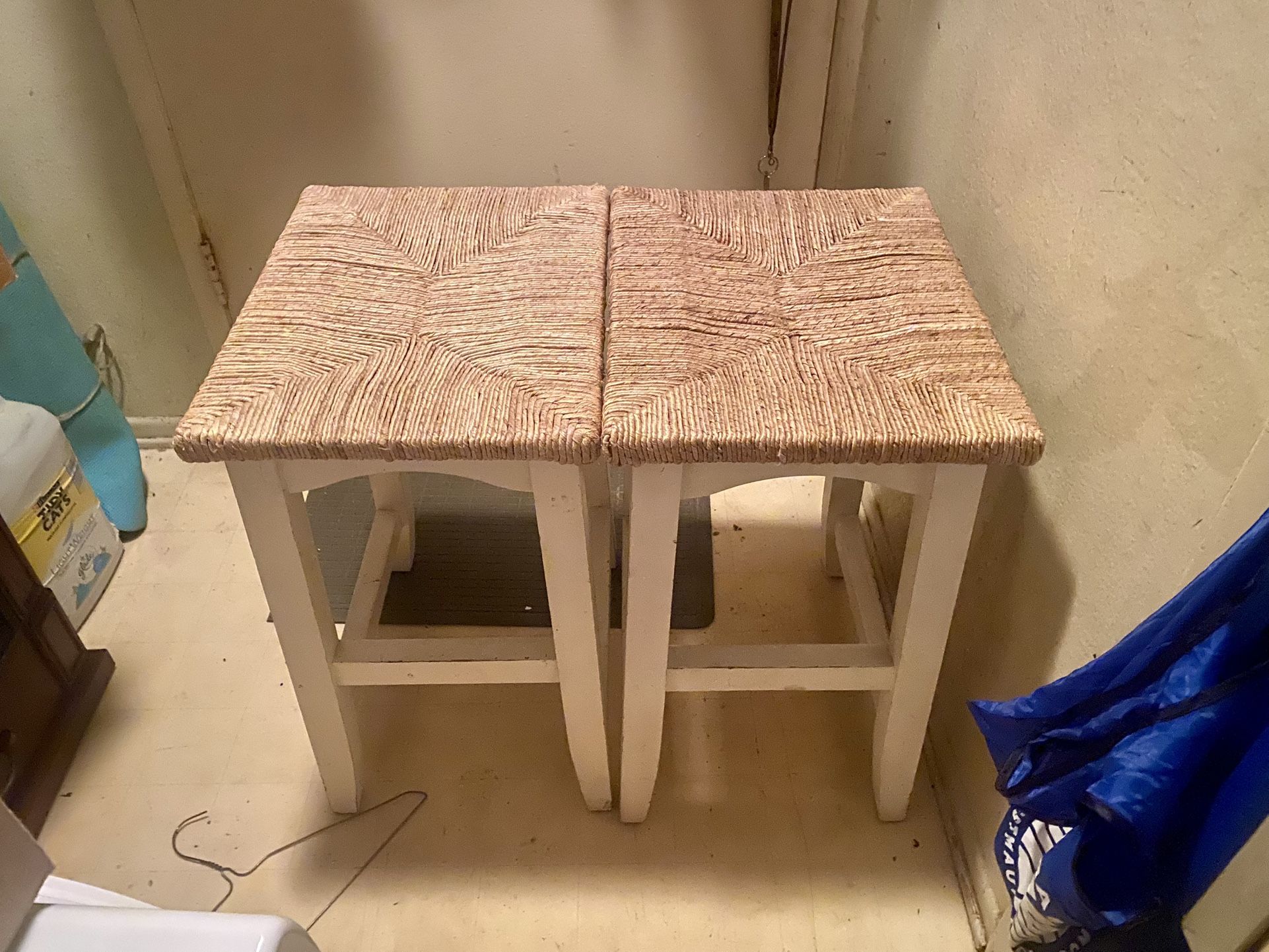 Matching Wicker Seat Stools On Wood