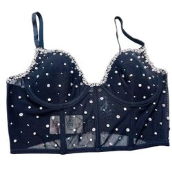 Windsor Halter Corset Top Large Black Spaghetti Strap Pearls Rhinestones New 