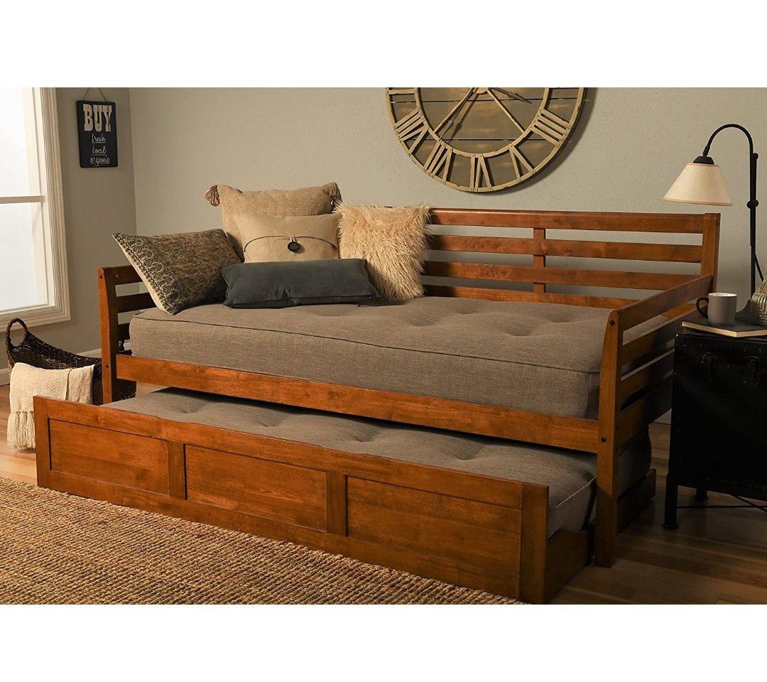 Rustic Boho Wooden Twin Size Day Bed with Trundle