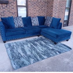 Blue Studded Sectional Sofa with Chaise – Modern & Stylish
