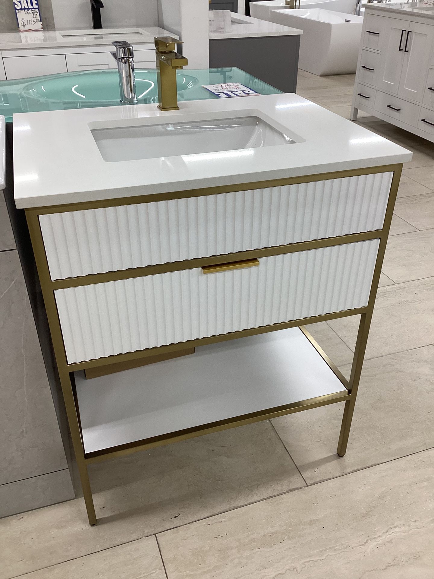 30” Bathroom Vanity Cabinet New Solid Wood With Brushed Gold Frame With Quartz Top Fully Assembled Softclose Drawers Ready For pick Up Today