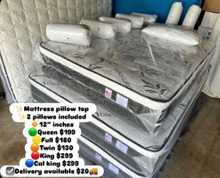 ✨Mattress pillow top  ✨2 pillows included 🔸12” inches 🟢Queen $199 🟡Full $180 🟠Twin $130 🔴King $299 🔵Cal king $299 ☑️Delivery available $20🚚