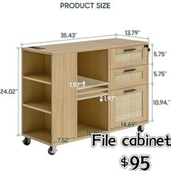 😀 File Cabinet with Charging Station, 3 Drawer Lateral Mobile Rattan Filing Cabinet with Lock Wood Storage Organizer with Wheels Printer Stand