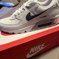Nike Air Max 90 All White With A Silvery Blue Swoosh. 