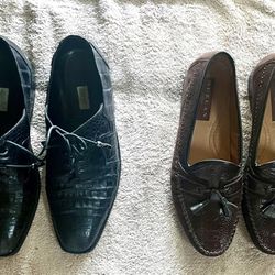 One Pair Of Black Alligator Shoes And One Pair Is Ostrich  Of Shoes 