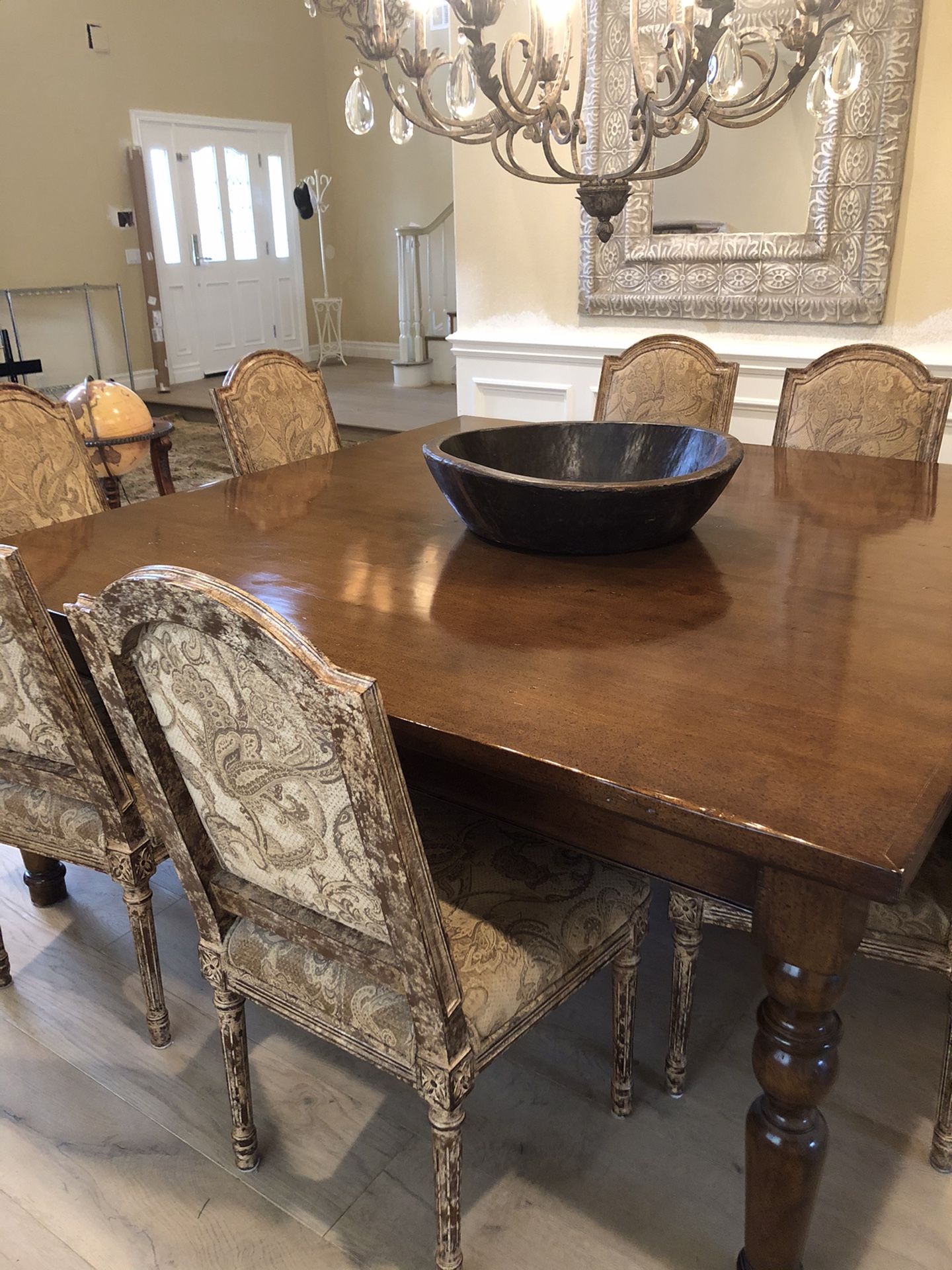 8 French Louis XVI Style Oversized Dining Chairs and Large Solid Wood Square Table