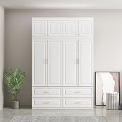 4 Doors Wardrobe Armoire with 4 Drawers, 63" Wide Large Freestanding Armoire Wardrobe Closet with Shelves, Hanging Rod & Top Storage Cabinet, Bedroom 
