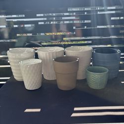 7 ceramic extra small & small plant pots - variety of colors: white, blue, brown 