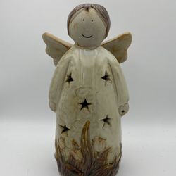 Glazed Pottery Rustic Angel Figurine Ceramic Christmas Lantern. Flowers/starts 