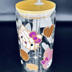  Hello Kitty My Melody Kuromi Glass Tumble, Wood Lid & Straw