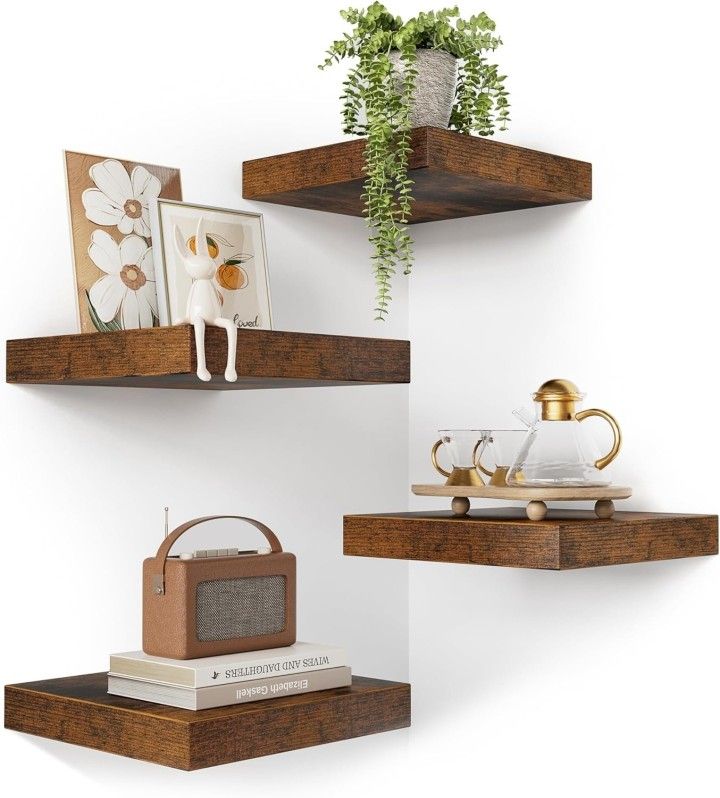 New Set of 4 Corner Floating Shelf Rustic Wood Wall Mounted