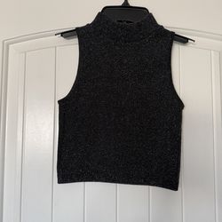 Shimmering Black Metallic Ribbed Mock Neck Top XS/S | Elegant Sparkle Knit Sleeveless Party Top | Pull&Bear