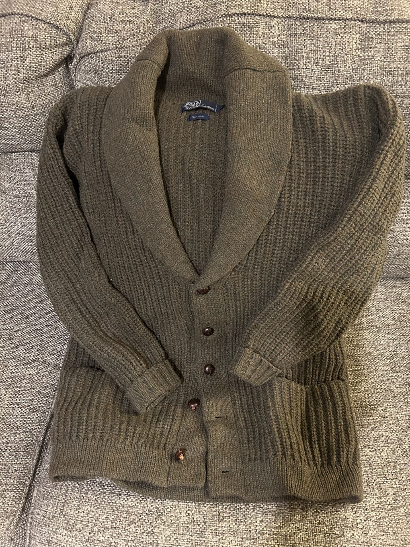 Polo by Ralph Lauren Vintage Shawl Collar Wool Sweater Cardigan with Braided Leather Buttons