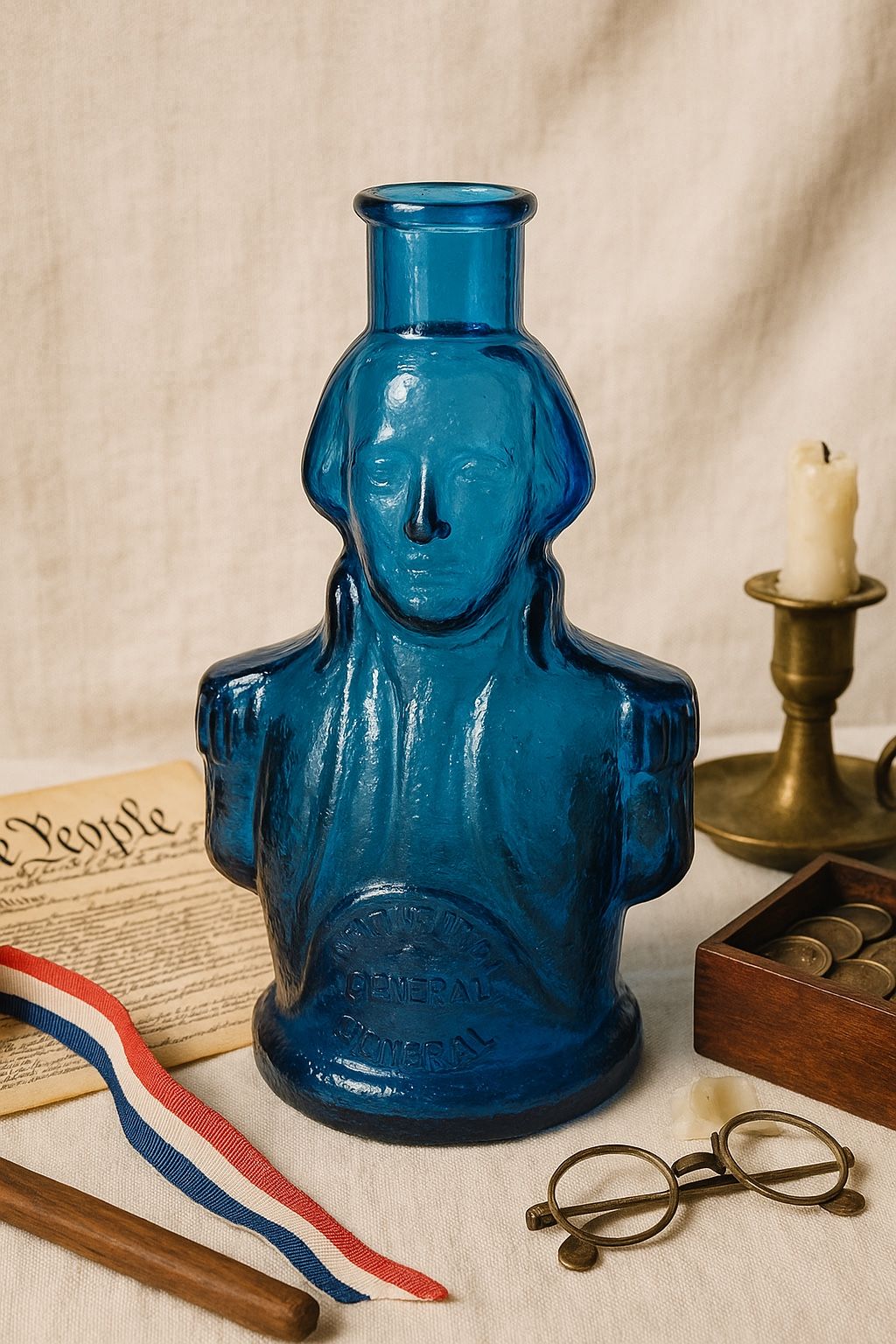 Wheaton USA 1970s Cobalt Blue Centennial Bitters-Style Washington Bottle, 9”