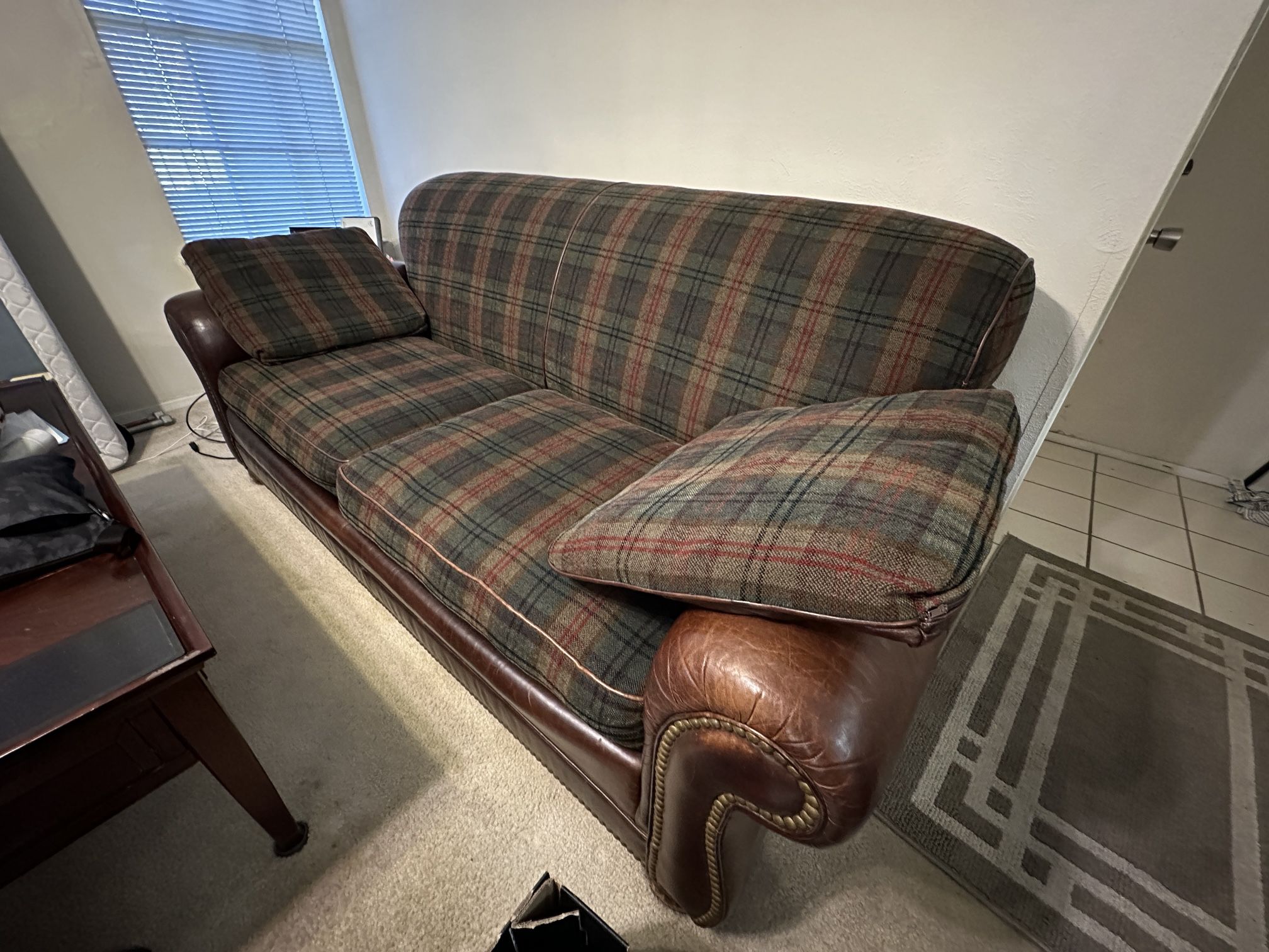 Sofa Couch With Real Leather Trim And Goose Down Pillows