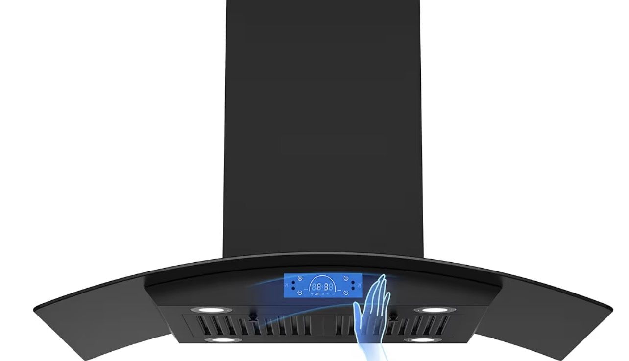 New 36” FIREGAS Black Island Range Hood, 700 CFM Ductless/Ducted Ceiling Mount Range Hood