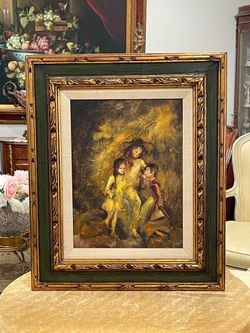 Beautiful Painting Oil on Canvas Titled “Children” with Gold & Green Wood Frame🌷