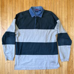 Vintage 90s IZOD Rugby Polo Shirt Mens Denim Collar Striped Heavyweight Sz. L