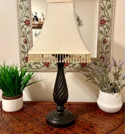Vintage Solid Wood Small Table Lamp with Beaded Shade