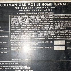 Furnace,Gas,Coleman,Mobile Home Heating System 