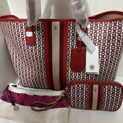 Tory Burch Canvas Tote handbag and Wristlet New