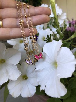 Double Butterfly Light & Hot Pink Necklace Gold