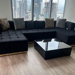 Brand New Black Velvet Double Chaise Sectional Sofa 