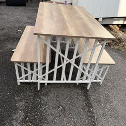Dining Table Set with 2 Benches – White Metal Frame & Wood Top