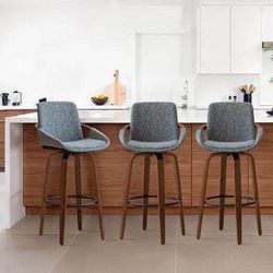 New Set of 5 Grey Fabric Upholstered Mid Century Modern Swivel Bar Stools