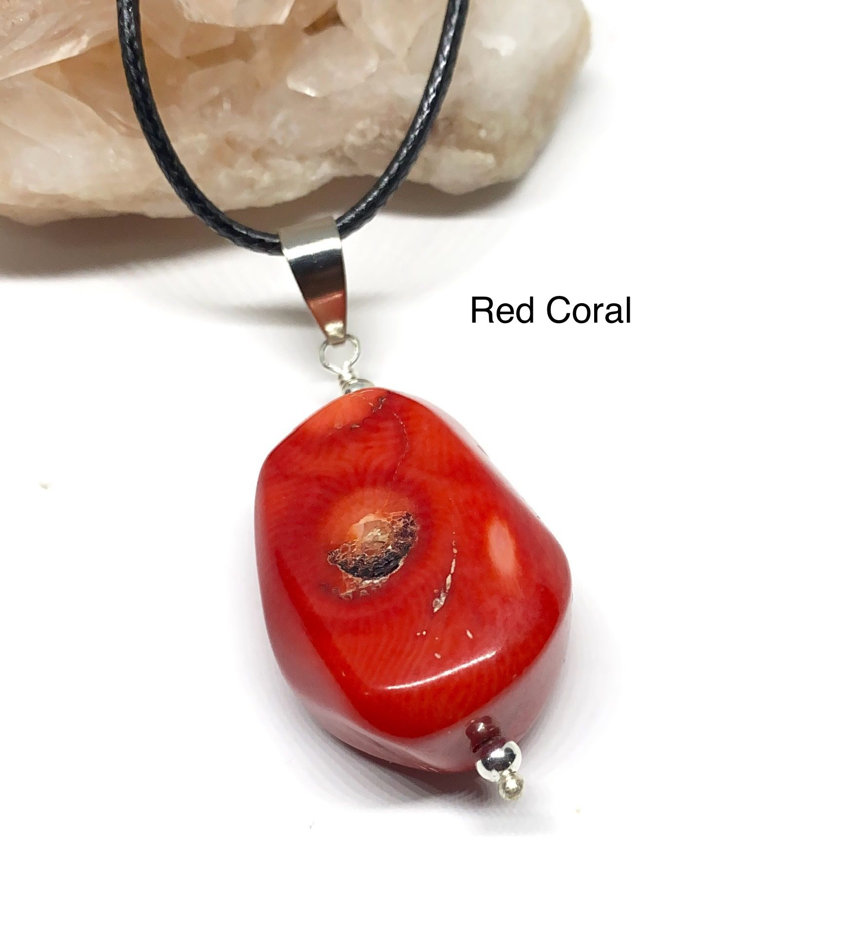 Red Genuine Coral Pendant Necklace With Black Leather Cord